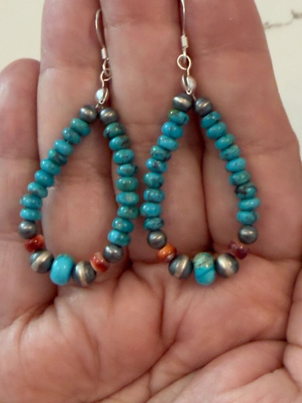 Sterling Silver Turquoise Bead Hoop Earrings Red Coral Accent Southwestern Style